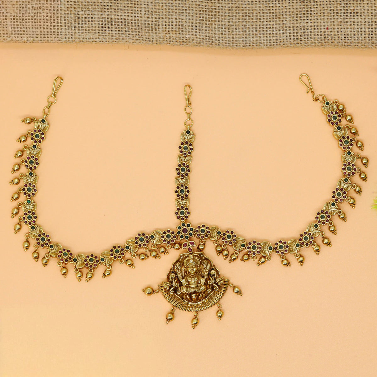 Lakshmi Pendant Headset with Stone Link Chain and Drop Hangings