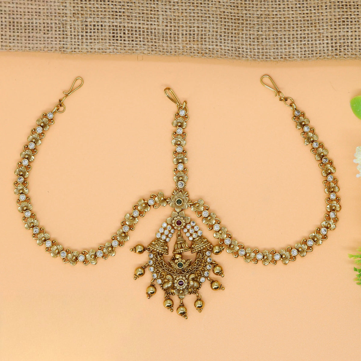 Peacock Pendant Headset with Floral Link Chain and Drop Hangings