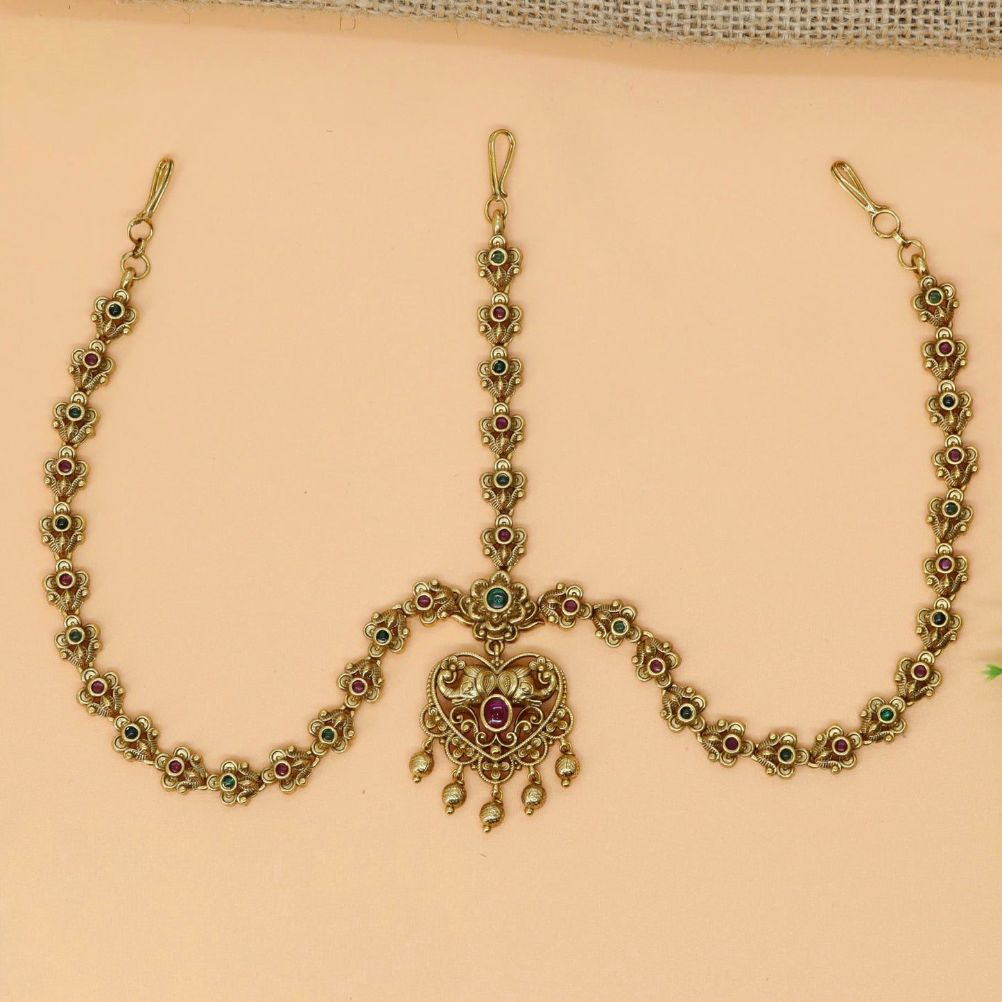 Heart Pendant Headset with Floral Link Chain with Drop Hangings