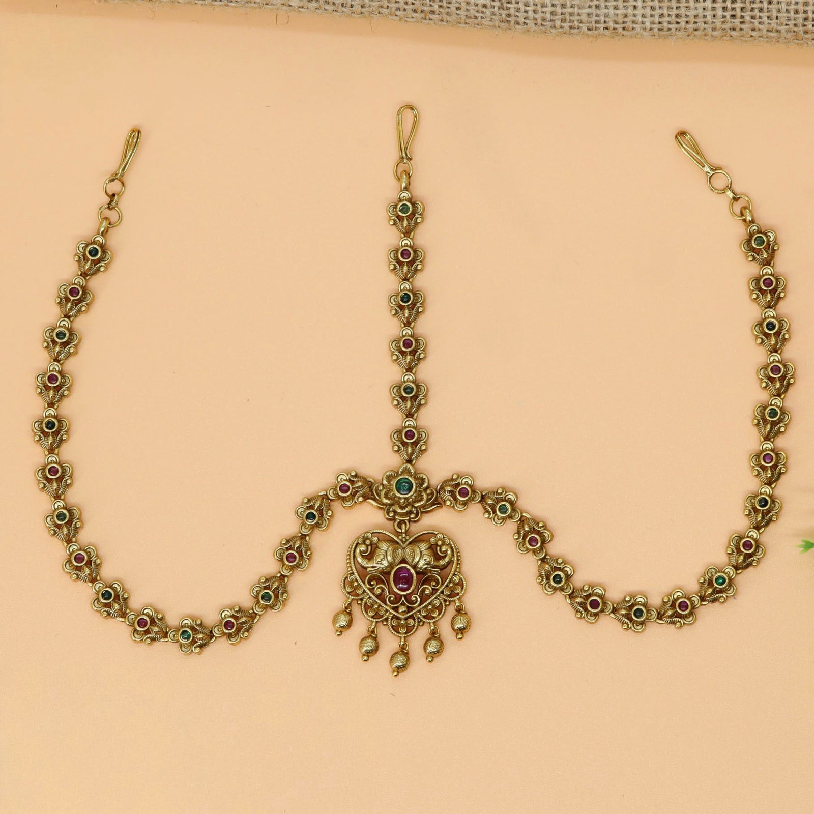 Heart Pendant Headset with Floral Link Chain with Drop Hangings
