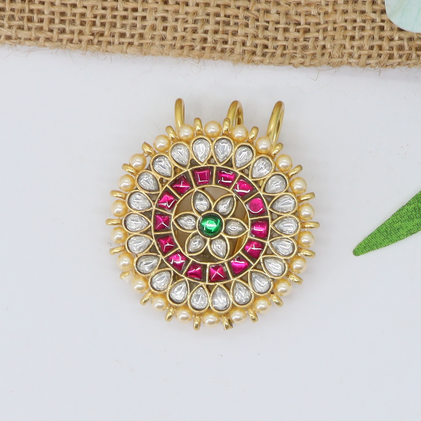 Circular Floral Jade Bille with Layered Petal Rings and Pearl Border