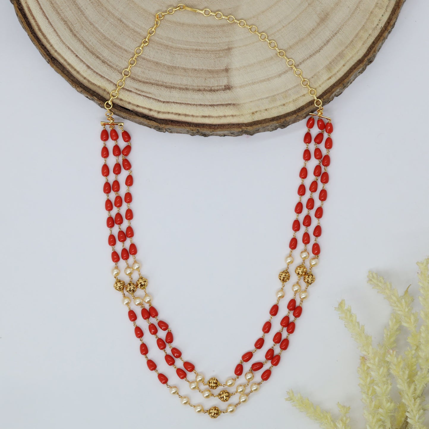 Striking Multi Strand Beads Chain with Alternating Oval Beads and Pearl Accents