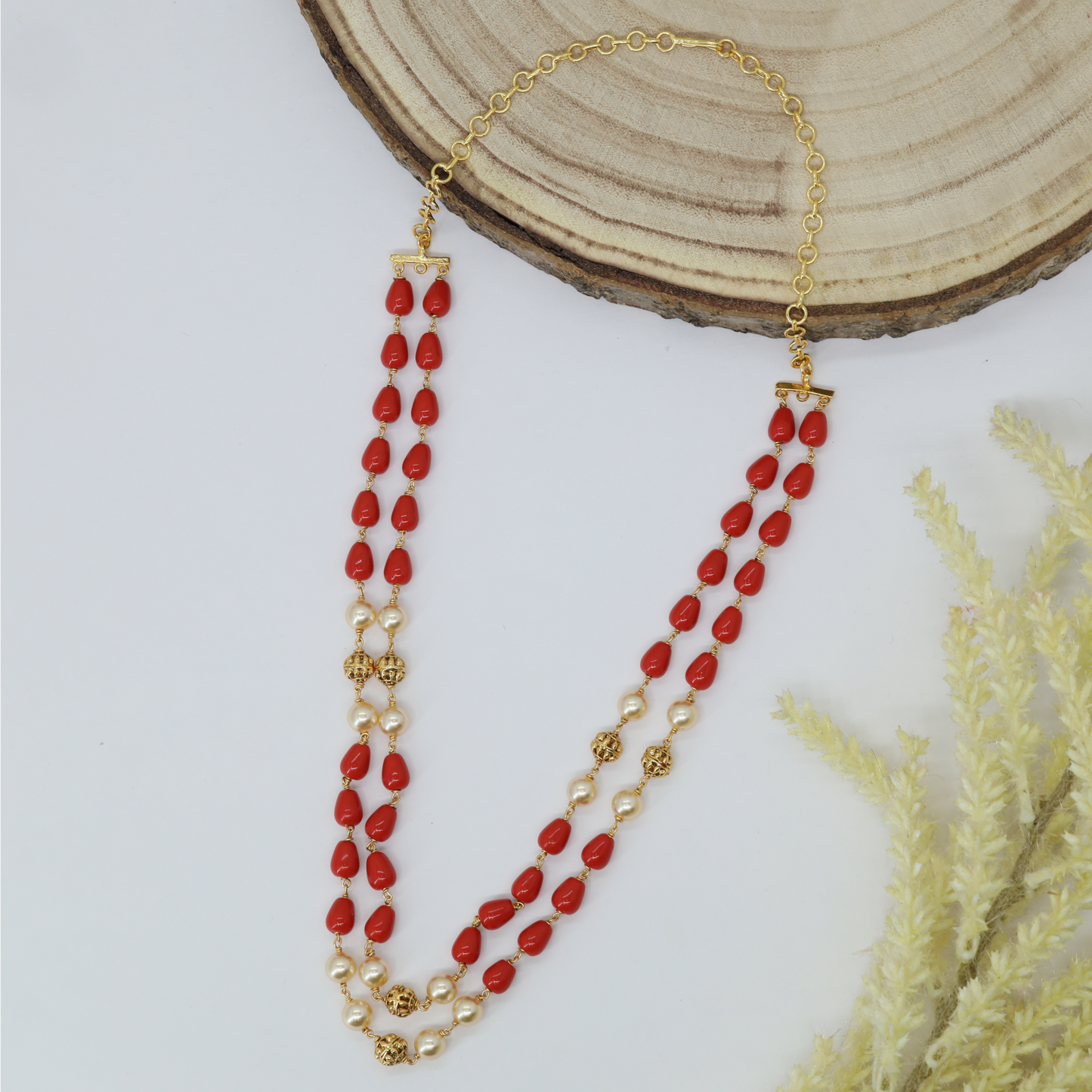 Ruby Red and Pearl Twin Chain Necklace with Decorative Gold Elements