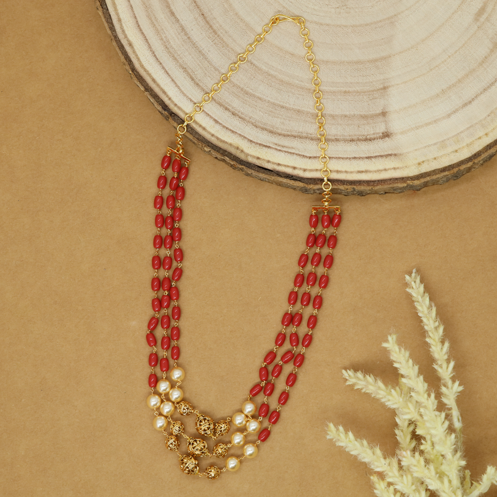 Deep Red Three Line Beads Chain with Pearl and Filigree Gold Drops