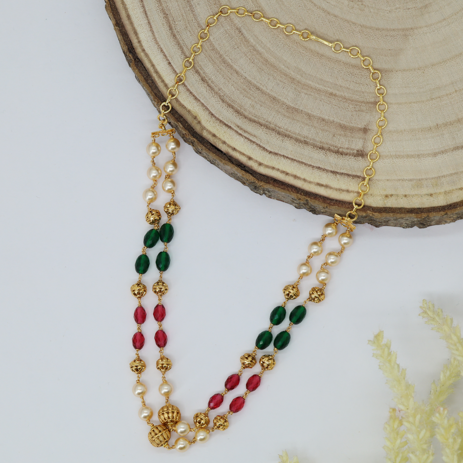 Green and Red Beaded Chain with Pearl Sections and Gold Cluster Base
