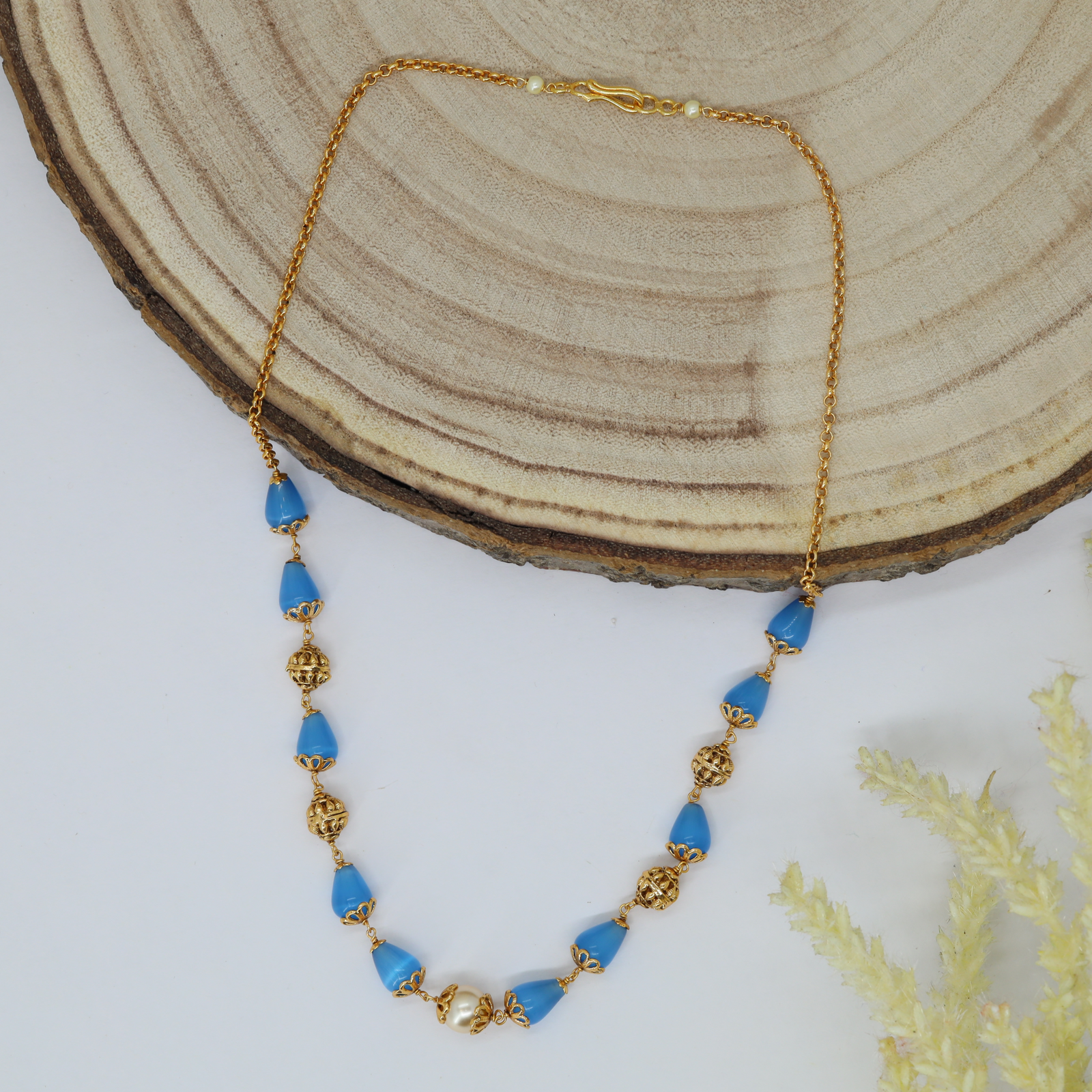 Sky Blue Beads Chain with Pearl Center and Antique Gold Accents