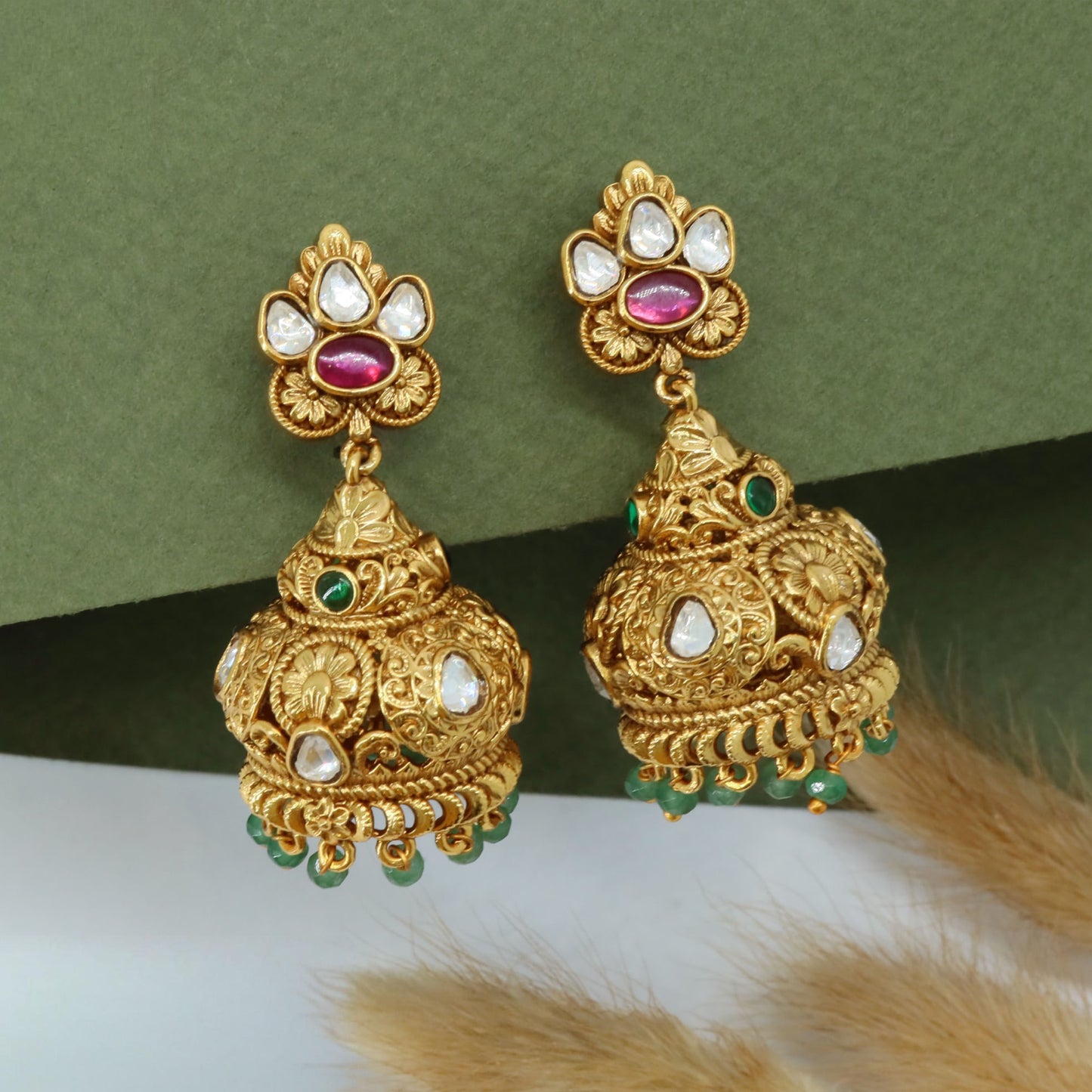 Floral Stud Jumka with Dome Design and Hanging Bead Fringe