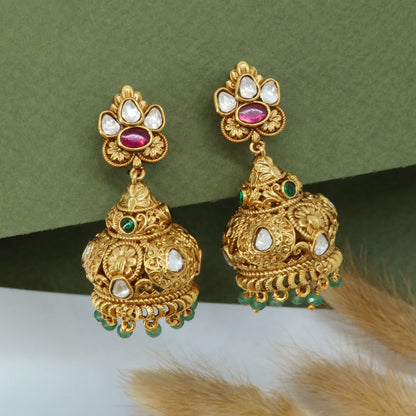Floral Stud Jumka with Dome Design and Hanging Bead Fringe