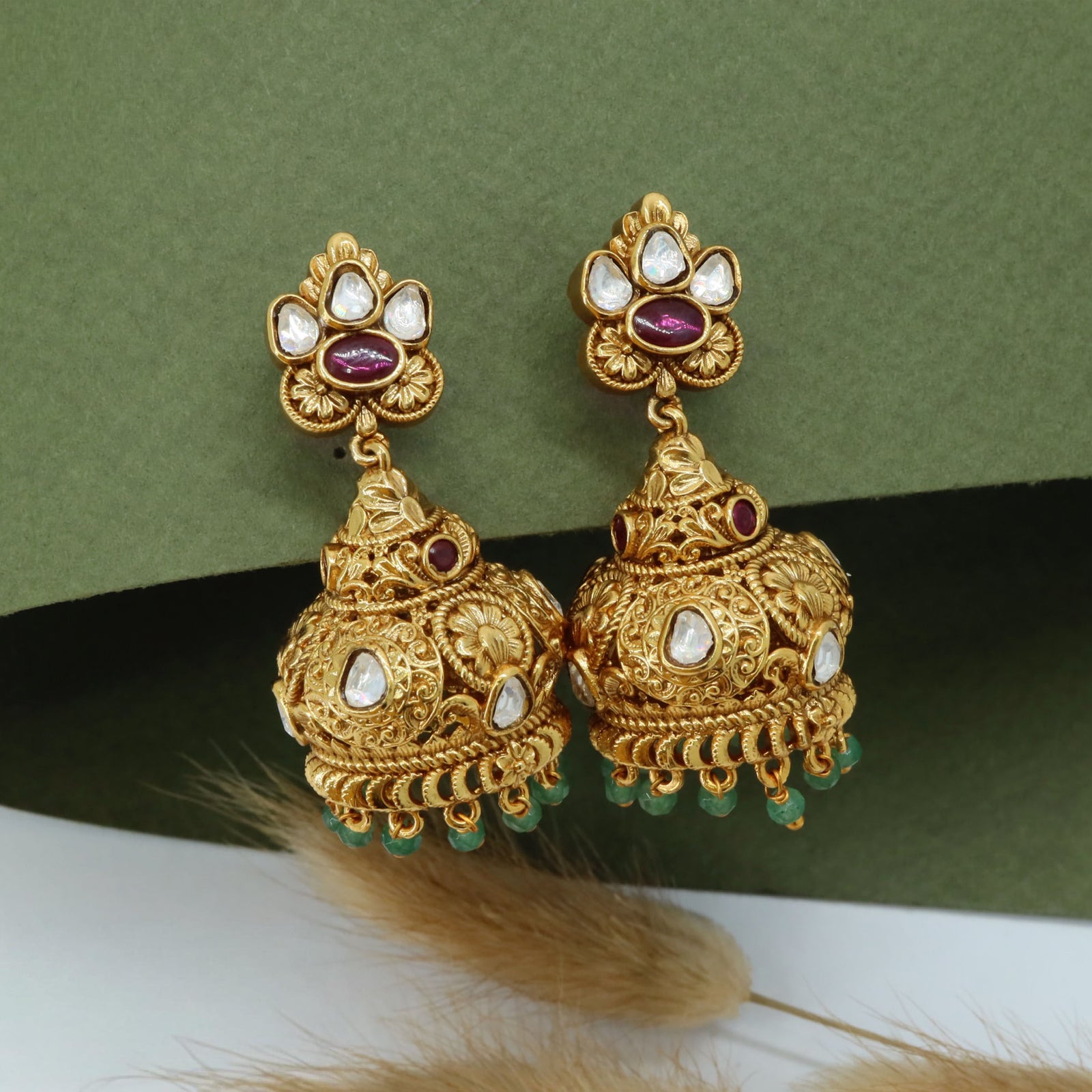 Floral Stud Jumka with Dome Design and Hanging Bead Fringe