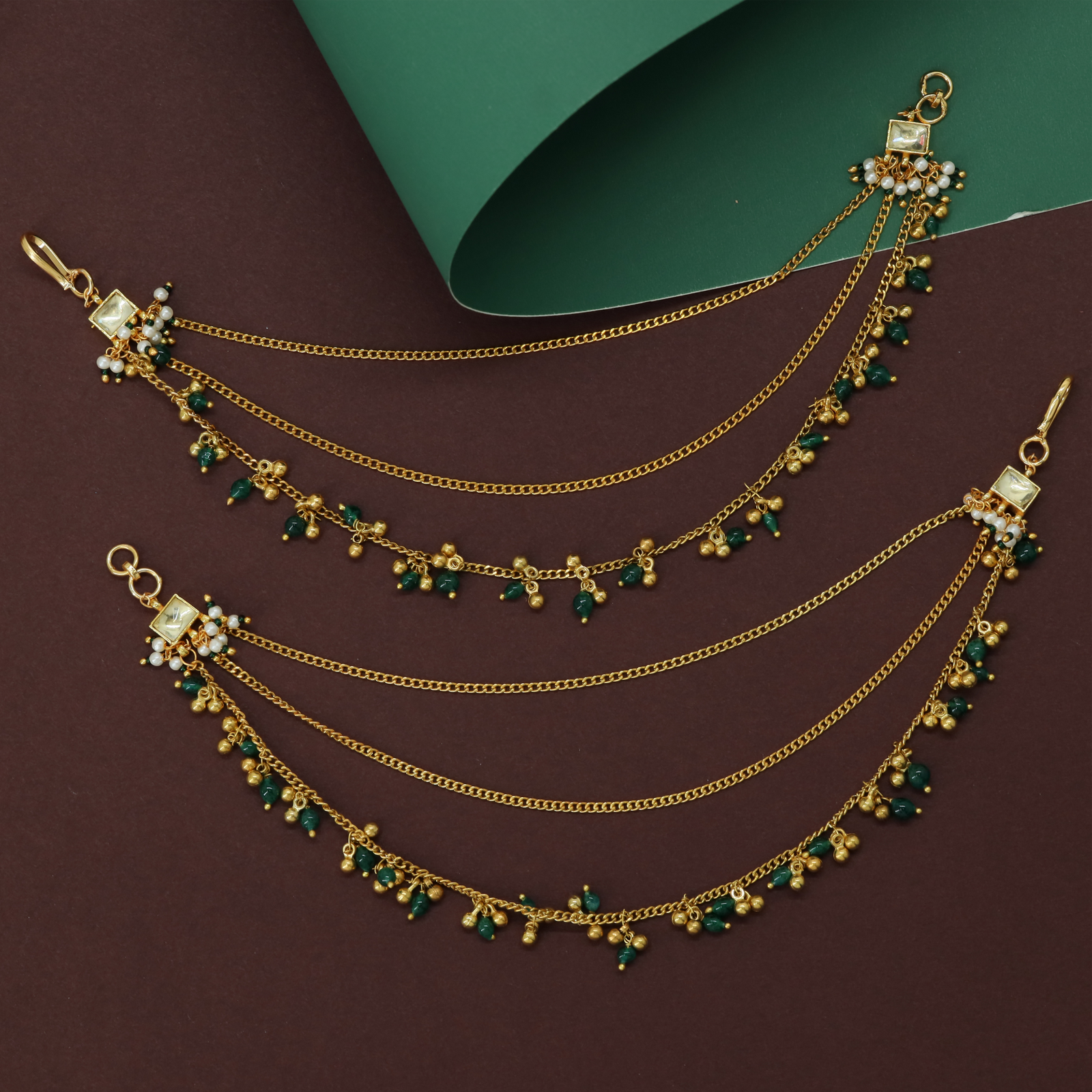 Flowing Triple Chain Kundan Mati with Beaded Drops and Side Connectors