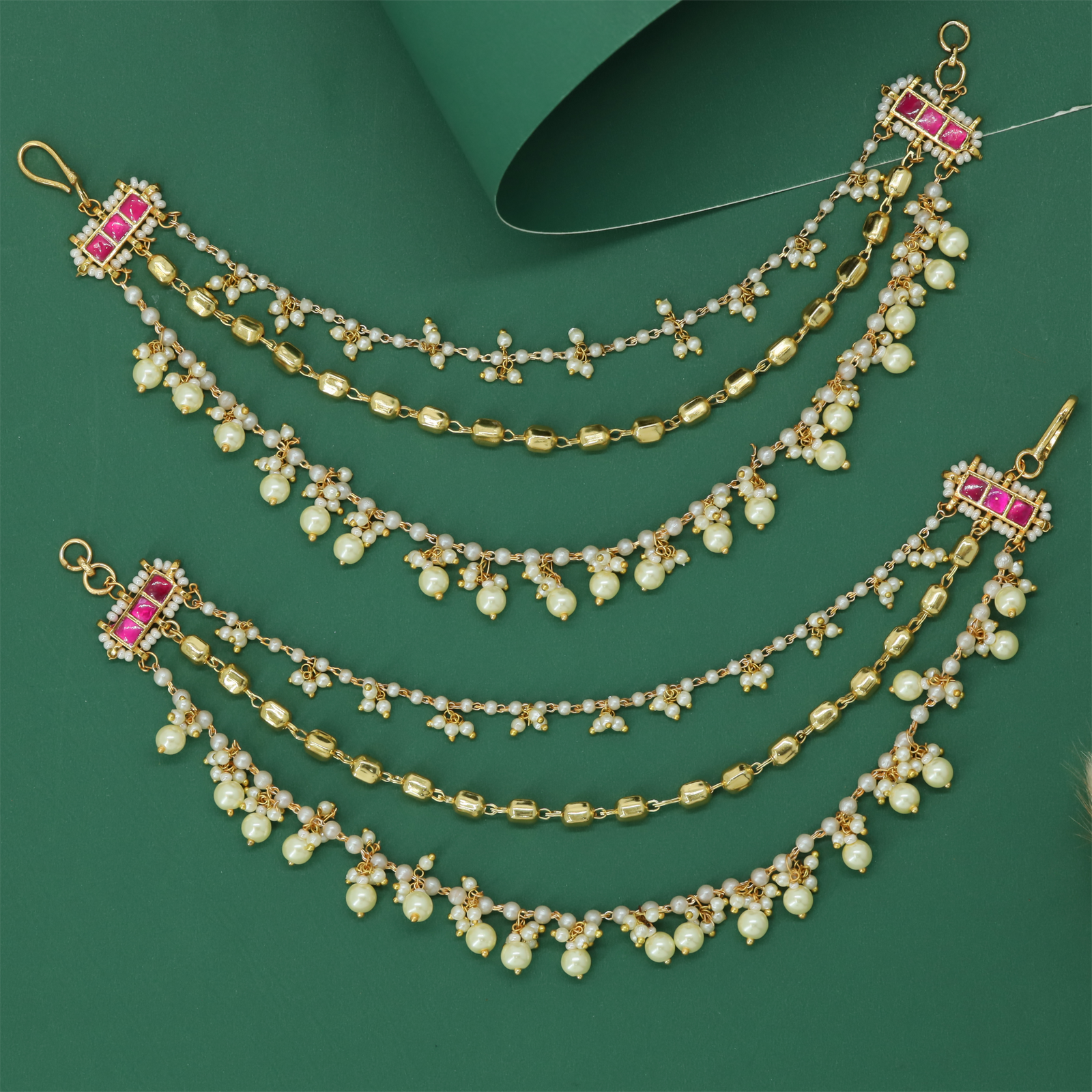 Elegant Multi Chain Jadau Mati with Stone Bar Connectors and Dangling Pearl Clusters