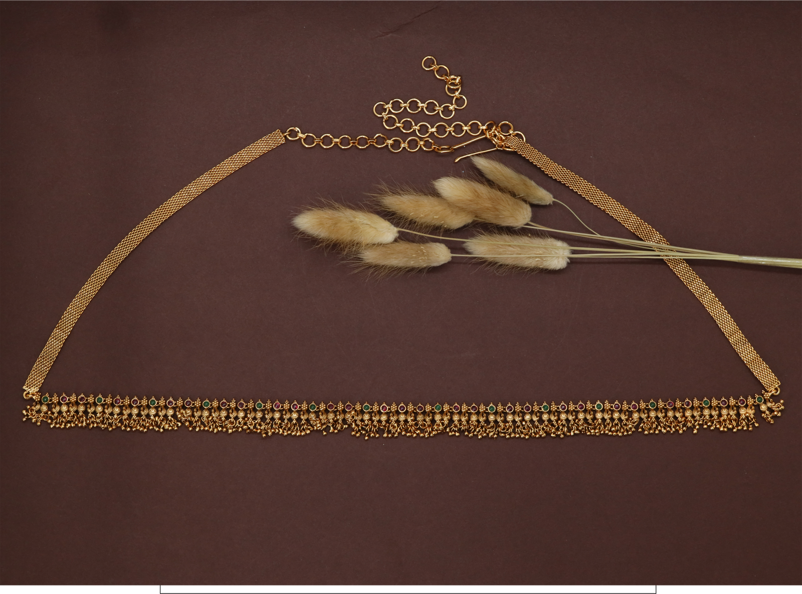 Radiant bead fringe waist belt with slim band and continuous drop detailing
