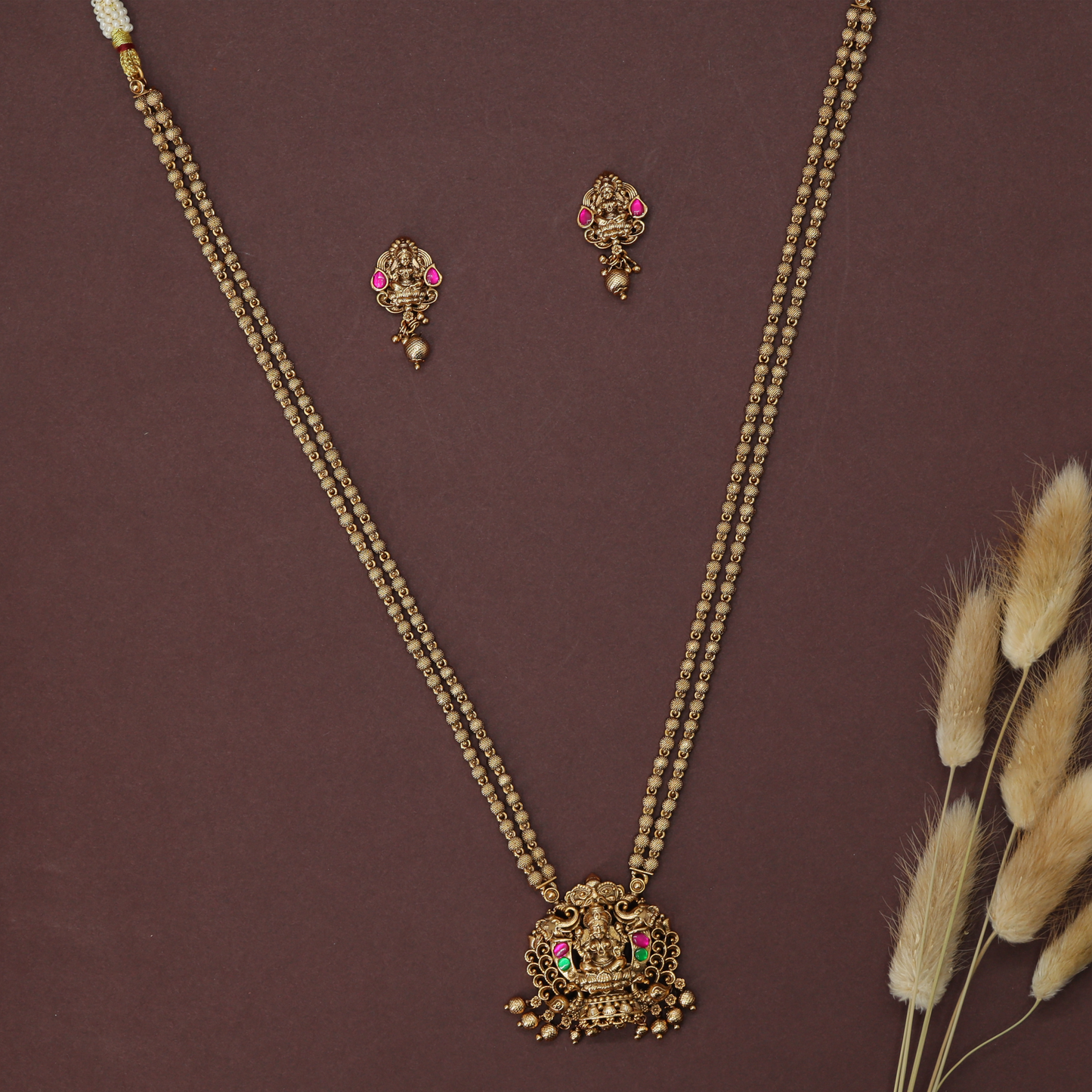 Kalpavalli Lakshmi Temple Pendant Chain with Twin Beaded Strands