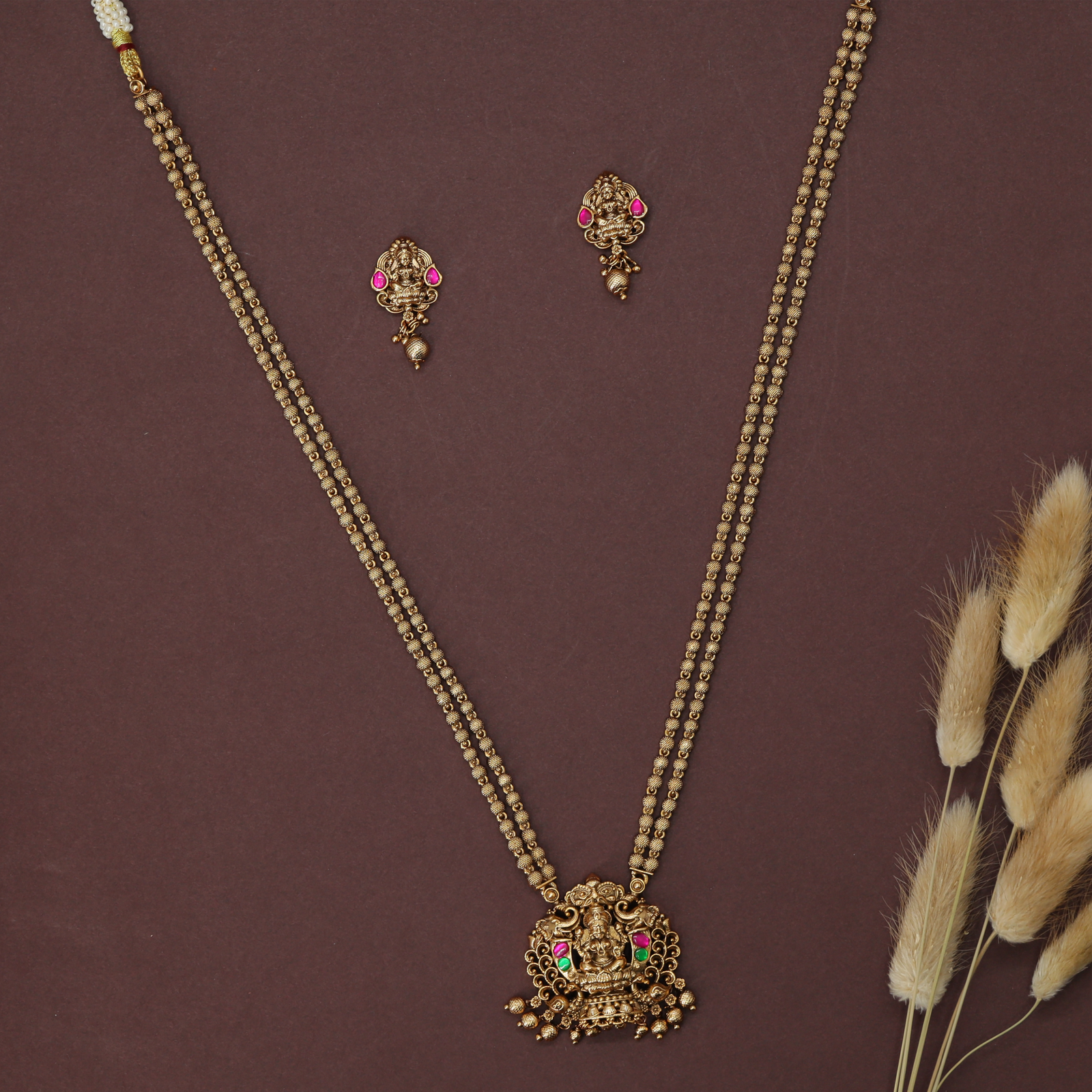 Kalpavalli Lakshmi Temple Pendant Chain with Twin Beaded Strands