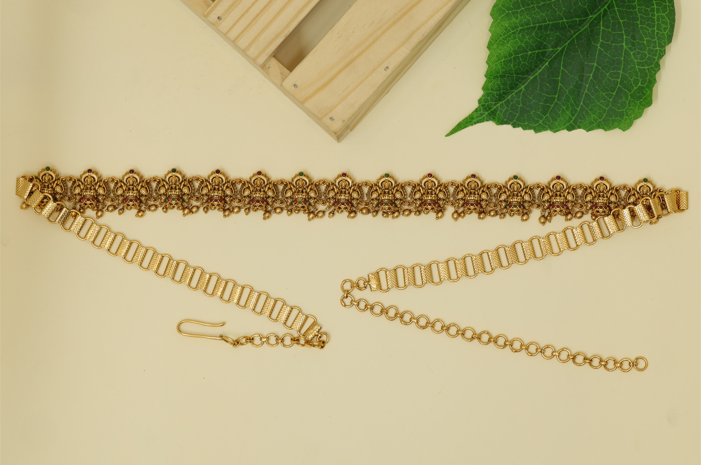 Decorative Linked Waist Belt Showcasing Lakshmi Units with Dense Drop Attachments