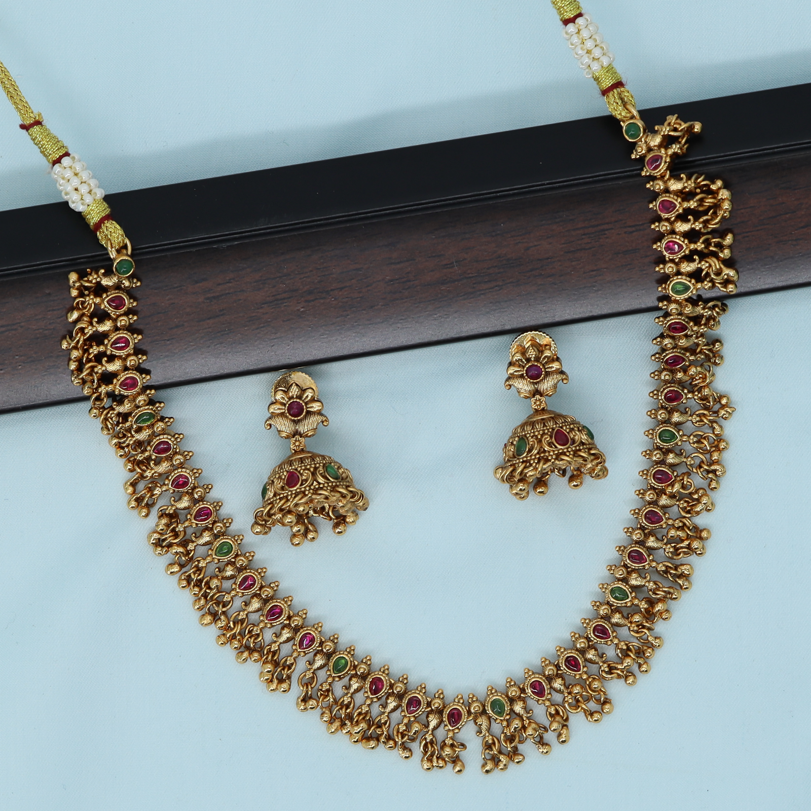 Arched Link Necklace with Repeating Oval Units and Dense Hanging Bead Fringe
