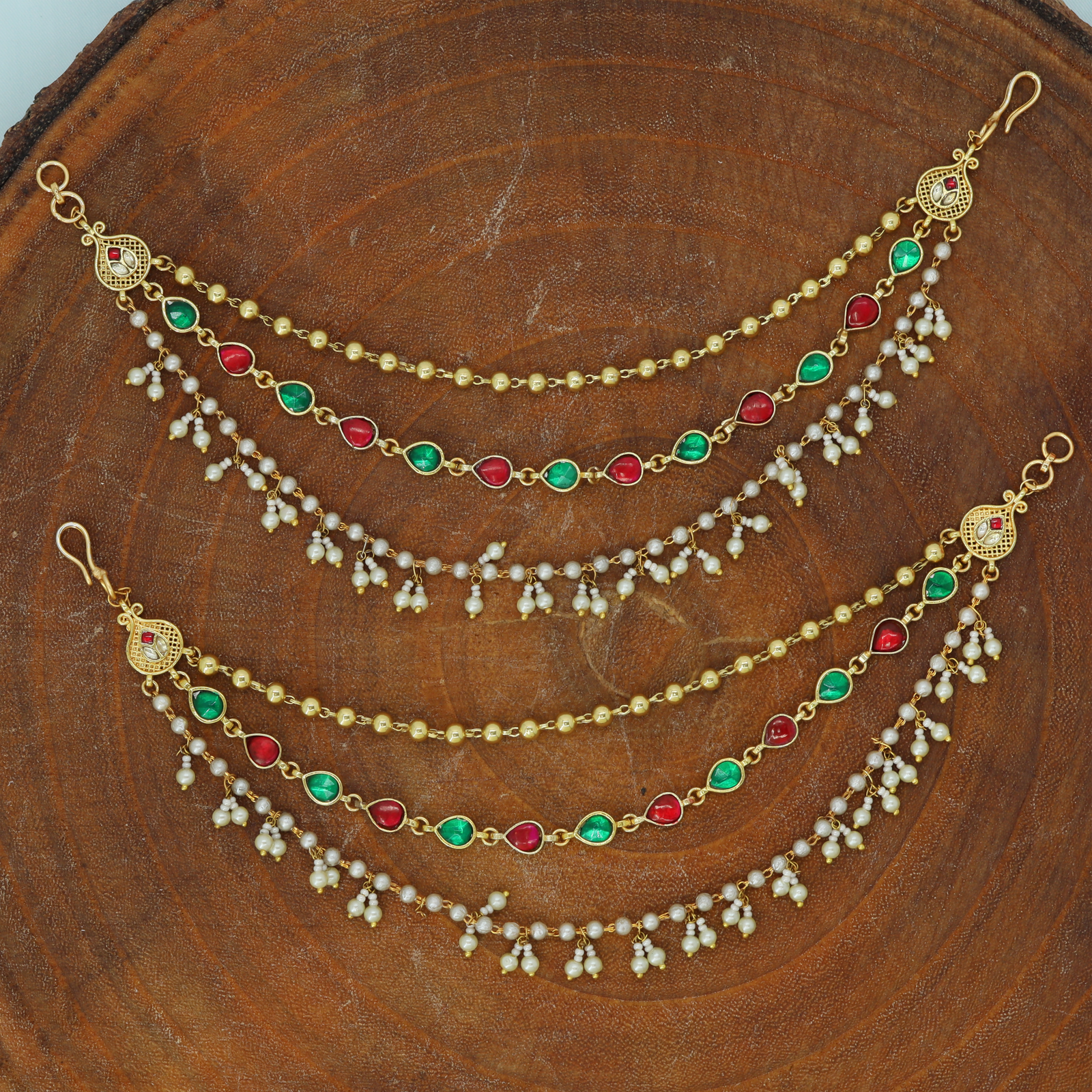 Alternating Stone Link Jadau Mati with Multi Chain Layers and Bead Cluster Fringe