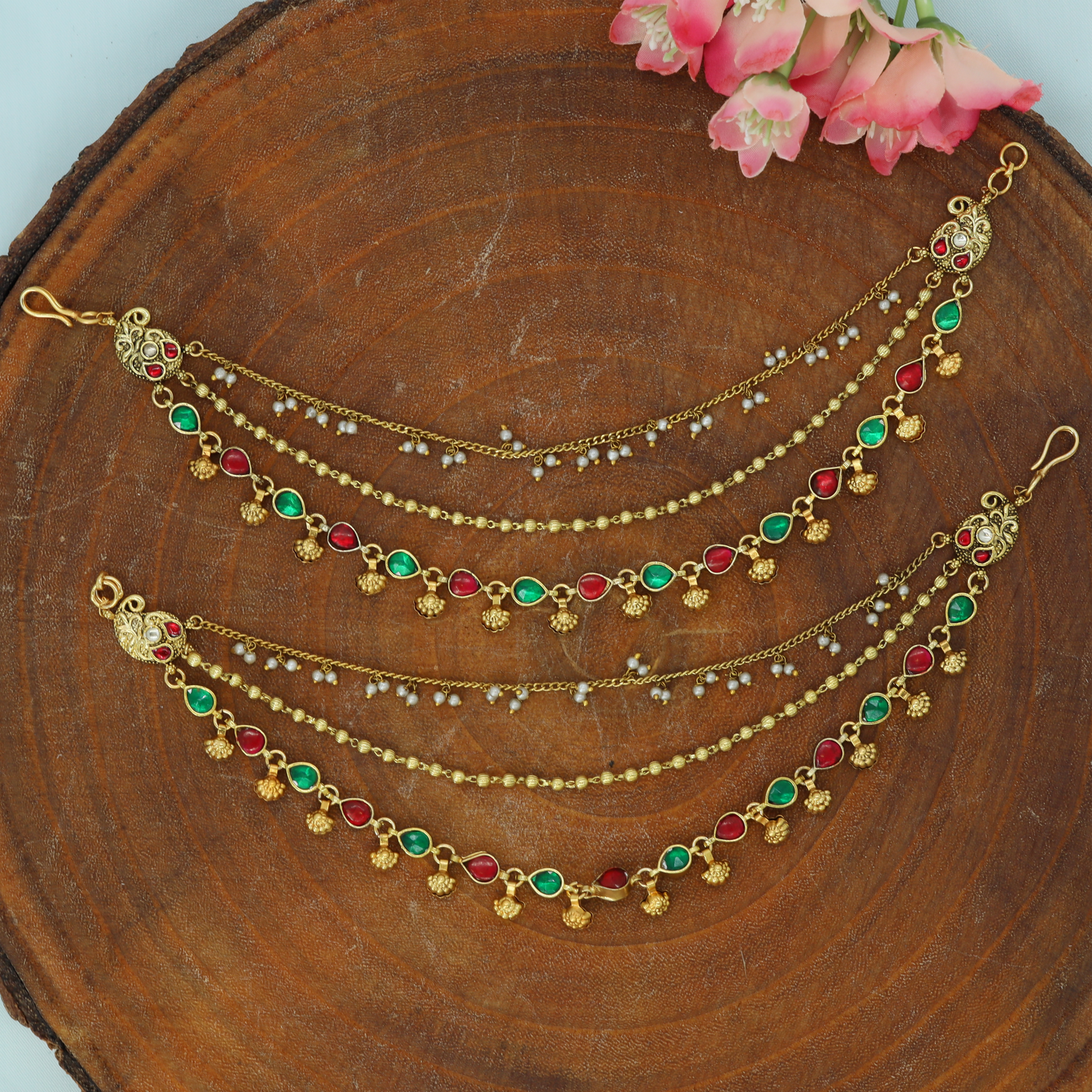 Decorative Link Pattern Jadau Mati with Fine Chains and Drop Detailing