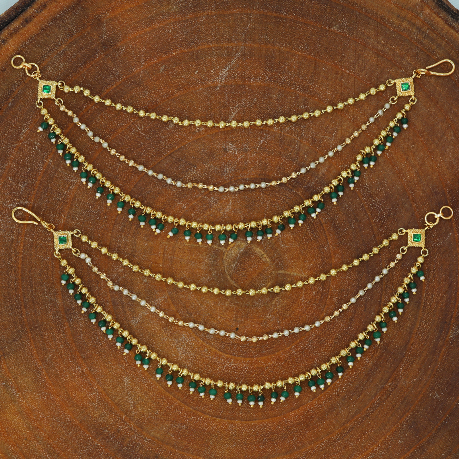 Square Connector Multi Chain Jadau Mati with Dense Drop Bead Fringe