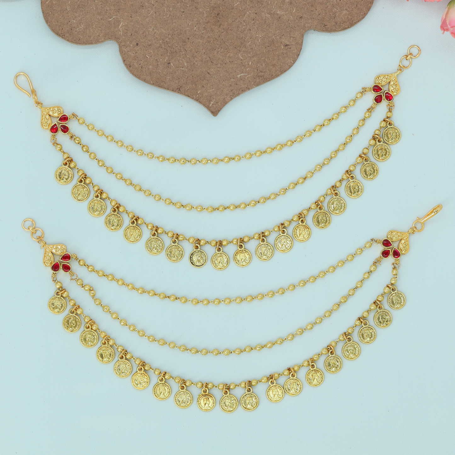 Coin Drop Chain Jadau Mati with Multi Strand Bead Layers and Side Connectors