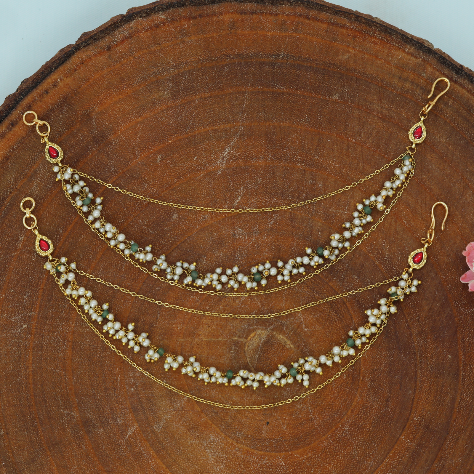 Delicate Beaded Cluster Jadau Mati with Triple Chain Layers and Floral Drop Detailing