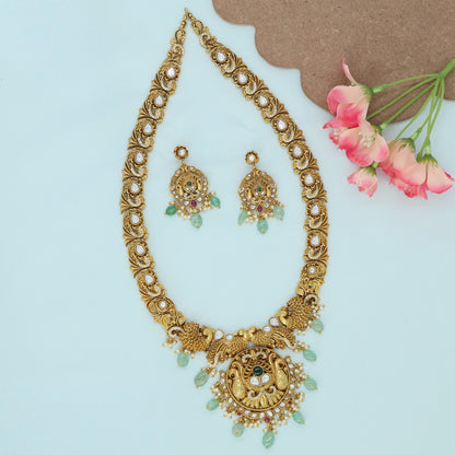 Oval Link Long Haara with Leaf Motifs and Hanging Bead Accents