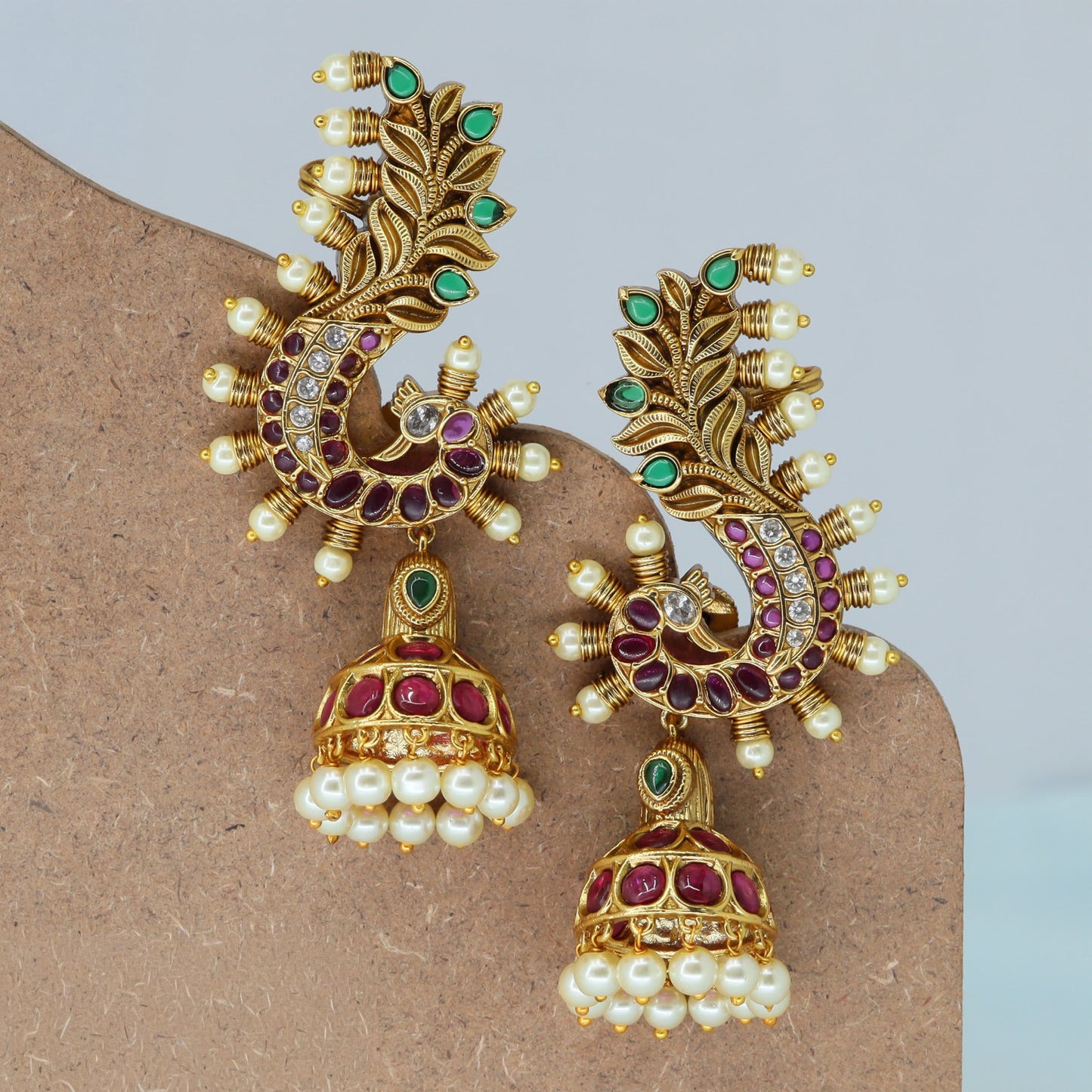 Sculpted Peacock Curve Cuff Jumka with Beaded Dome Drops and Textured Leaf Top