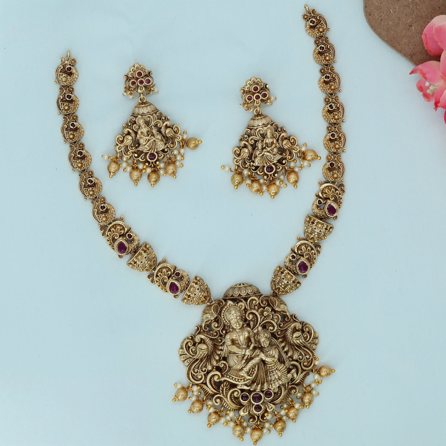 Statement Radha Krishna Necklace with Engraved Segments and Drop Accents