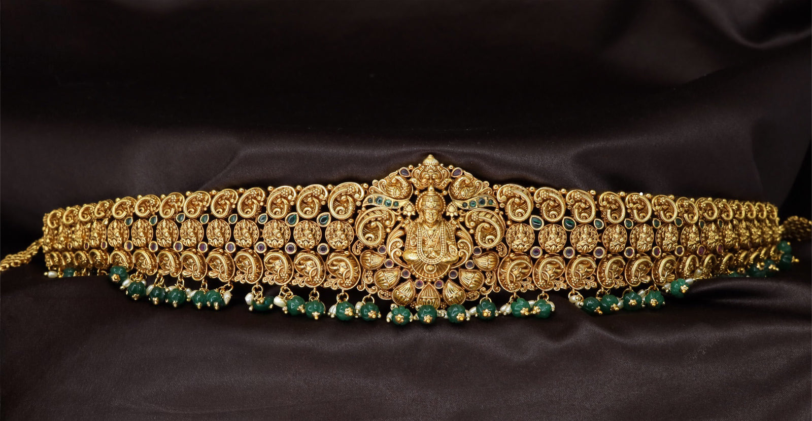 Lakshmi Center Waist Belt with Repeating Paisley Panels and Bead Fringe