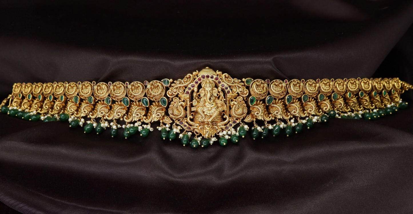 Ganesha Center Waist Belt with Circular Motif Panels and Bead Fringe