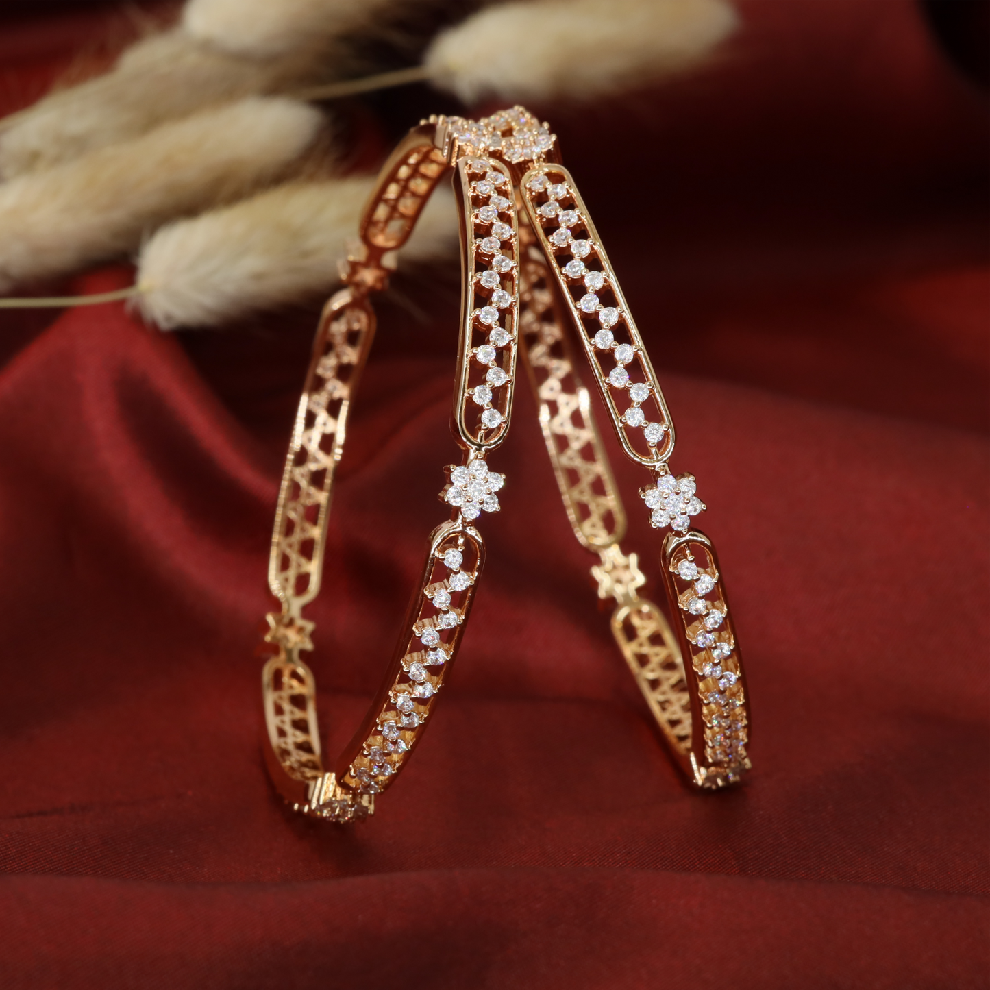 Modern Open Panel Bangles with Floral Accent Connectors