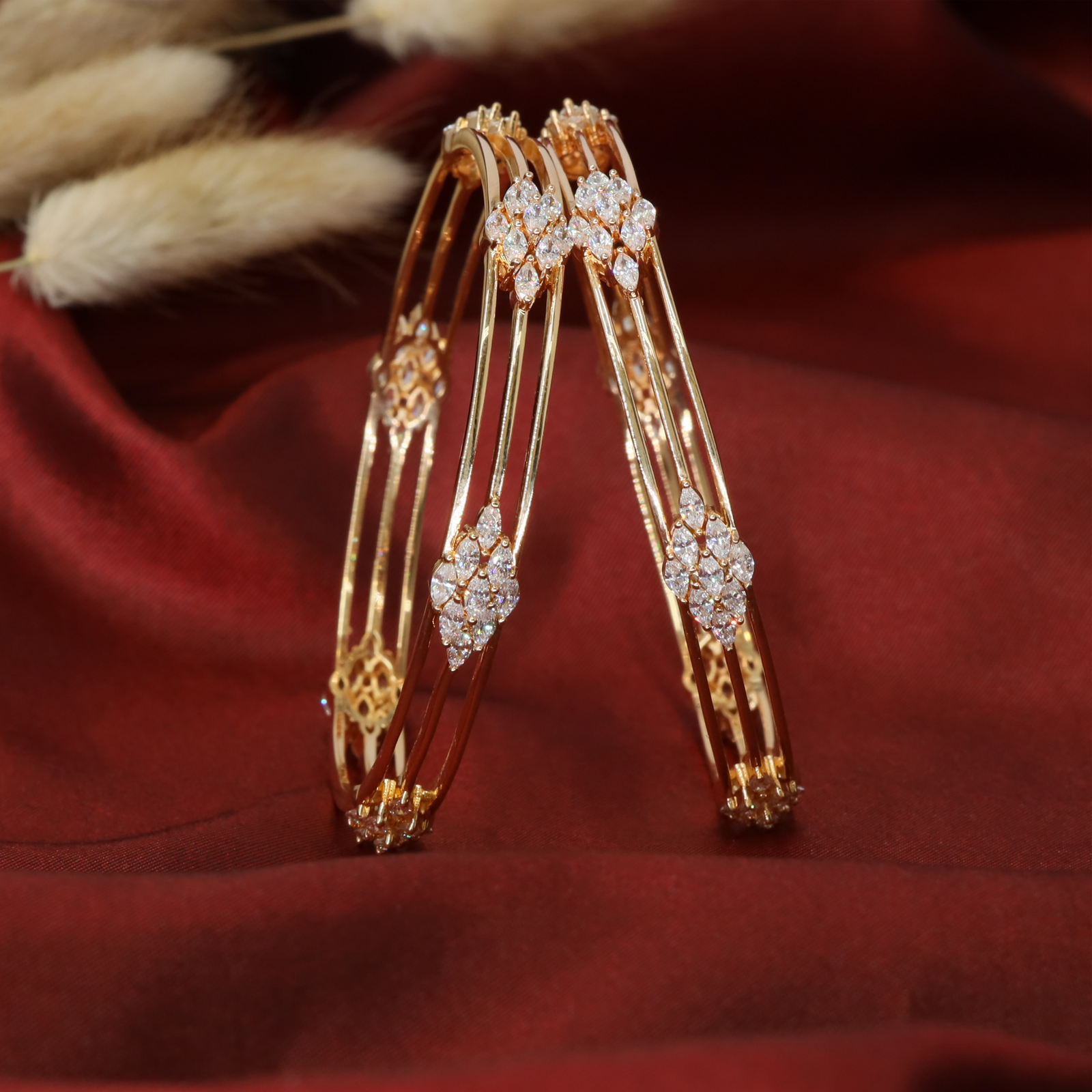 Triple Line Frame Bangles with Marquise Cluster Accents