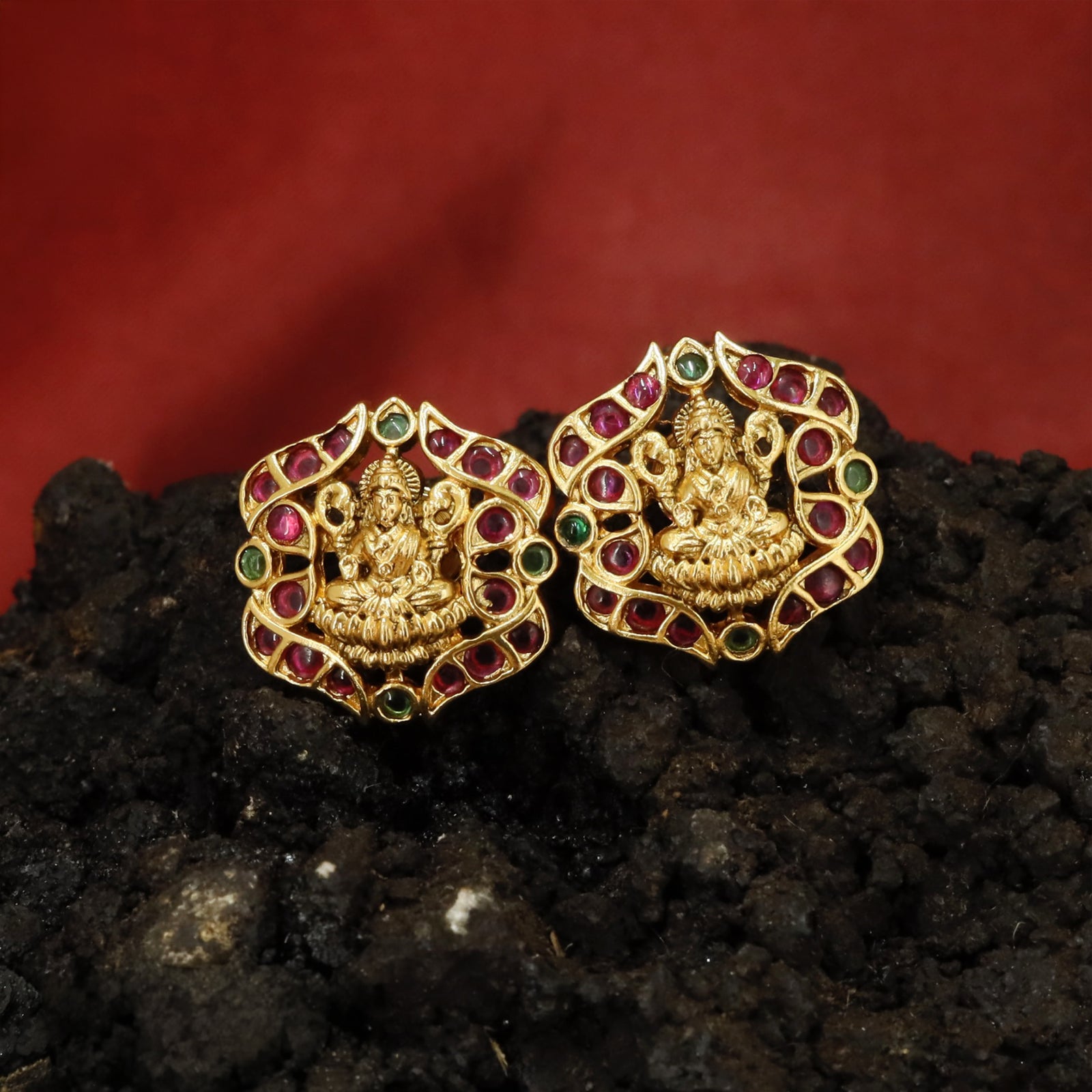Sacred Lakshmi Frame Stud Earrings with Leaf Inspired Surround Detailing
