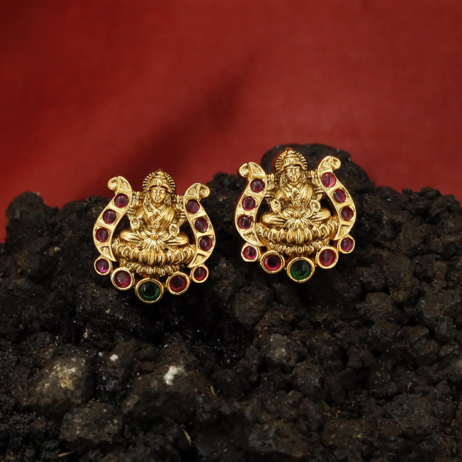Ornate Lakshmi Motif Stud Earrings with Semi Circular Surround Design