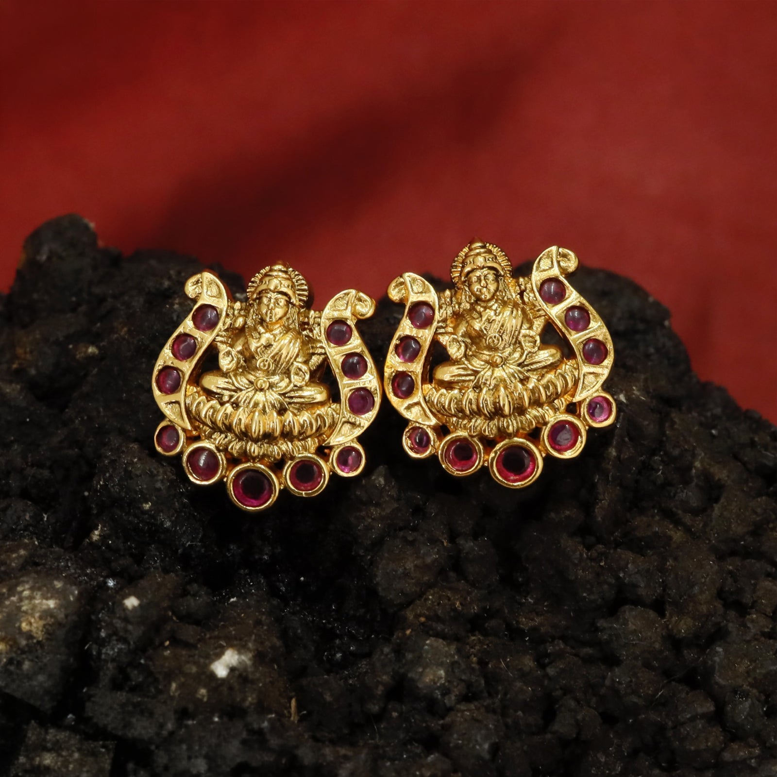 Ornate Lakshmi Motif Stud Earrings with Semi Circular Surround Design