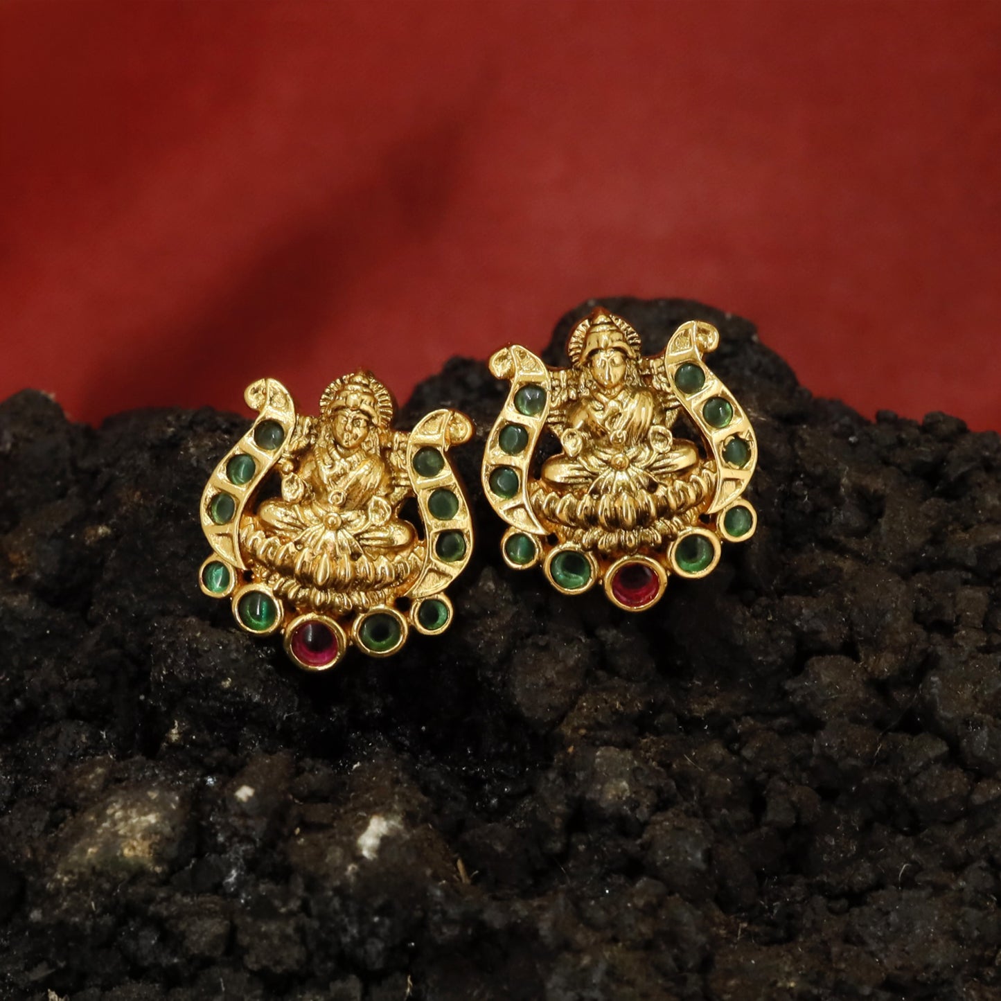 Ornate Lakshmi Motif Stud Earrings with Semi Circular Surround Design