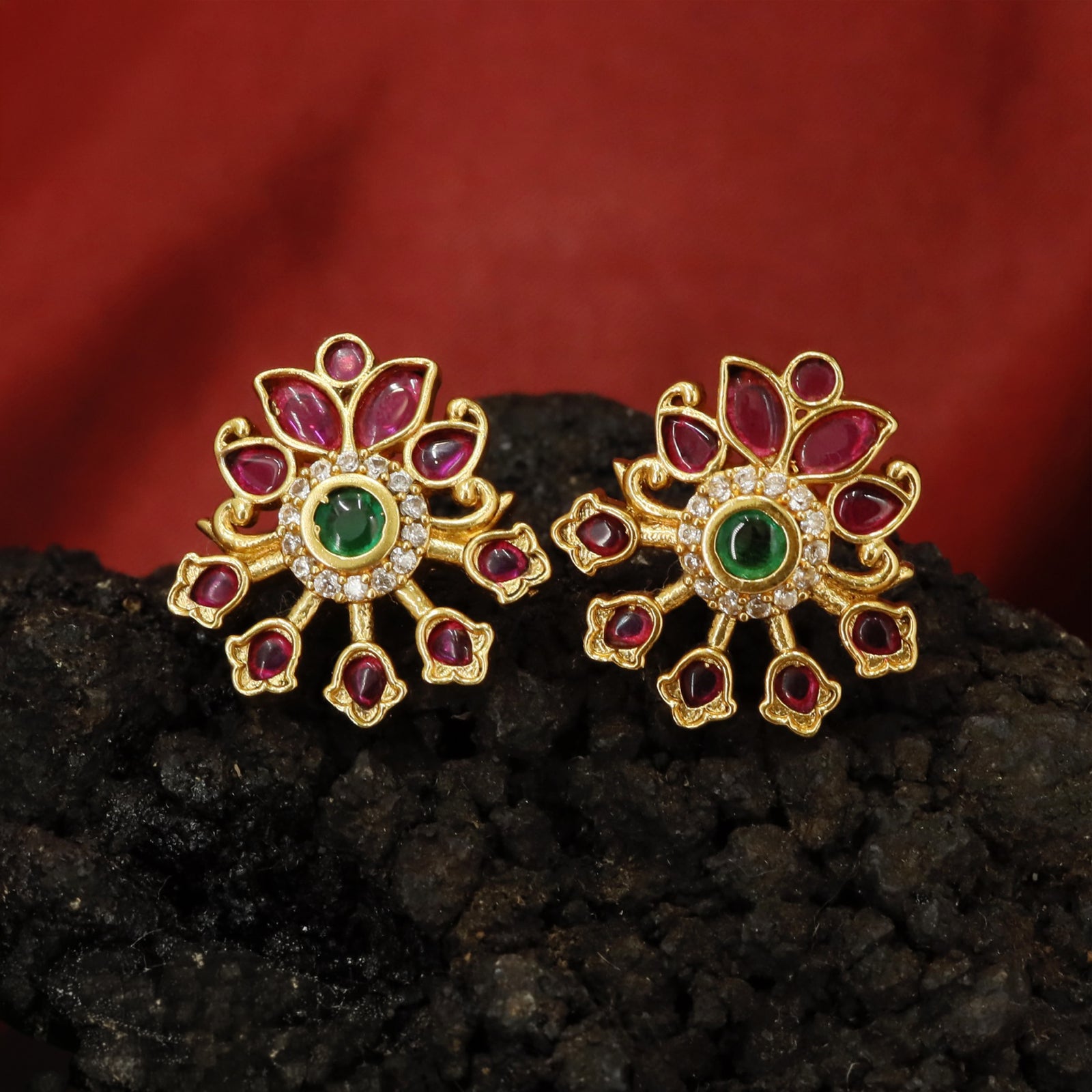 Radiant Floral Burst Stud Earrings with Petal Cluster Surround Detailing