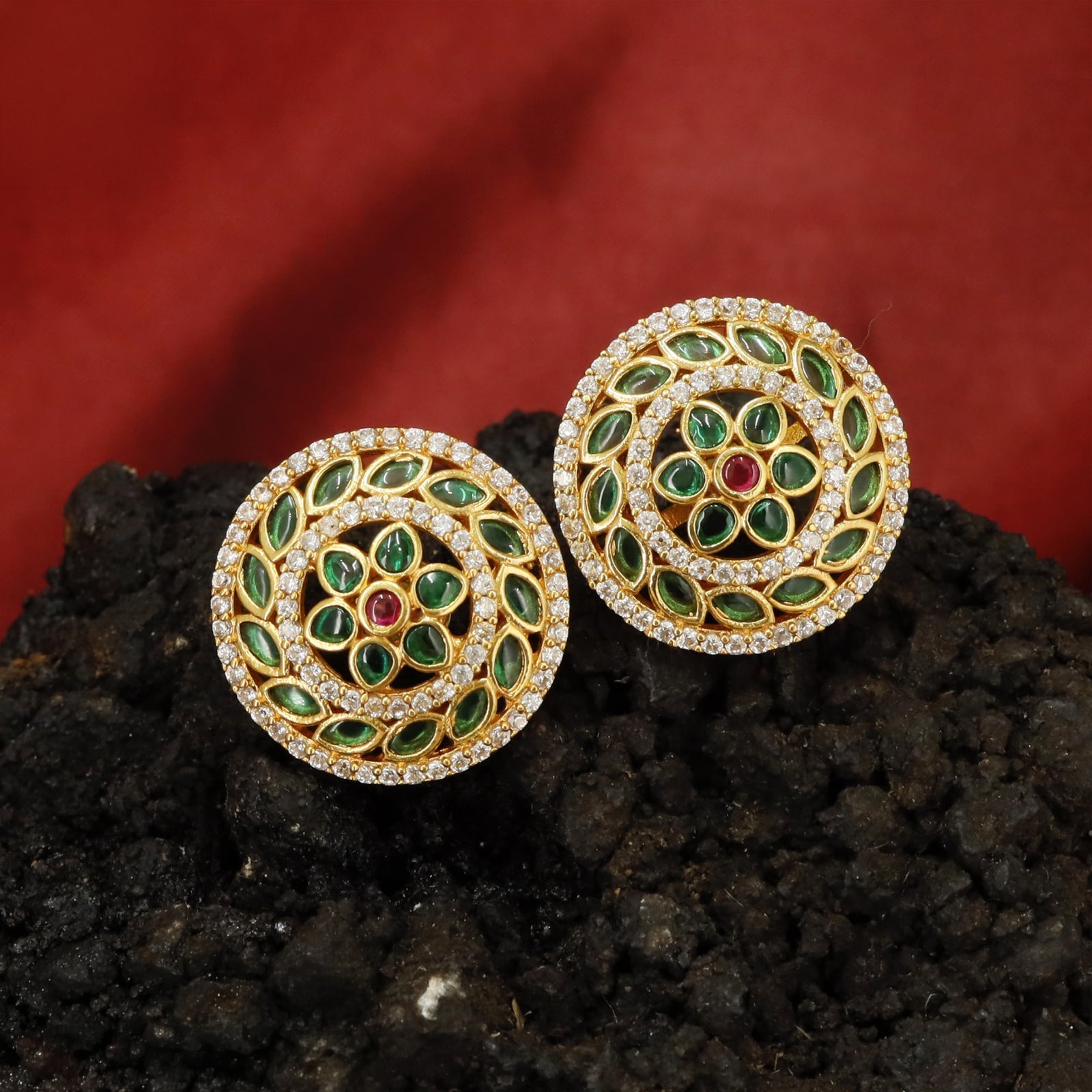 Concentric Floral Disc Stud Earrings with Multi Layer Circular Detailing