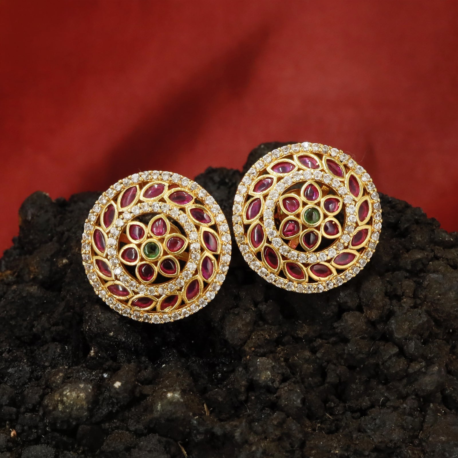 Concentric Floral Disc Stud Earrings with Multi Layer Circular Detailing