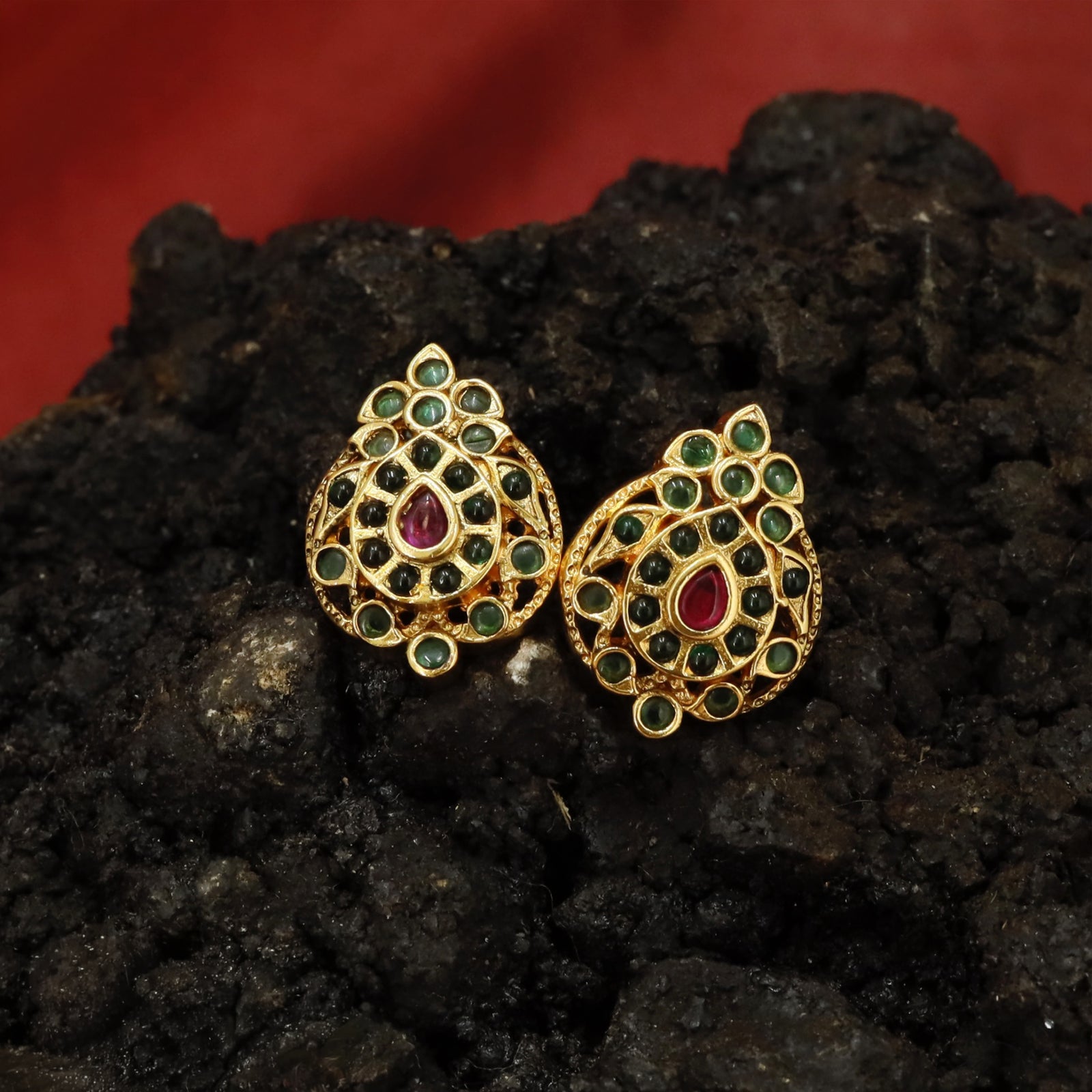 Paisley Drop Stud Earrings with Clustered Inner Pattern and Layered Frame