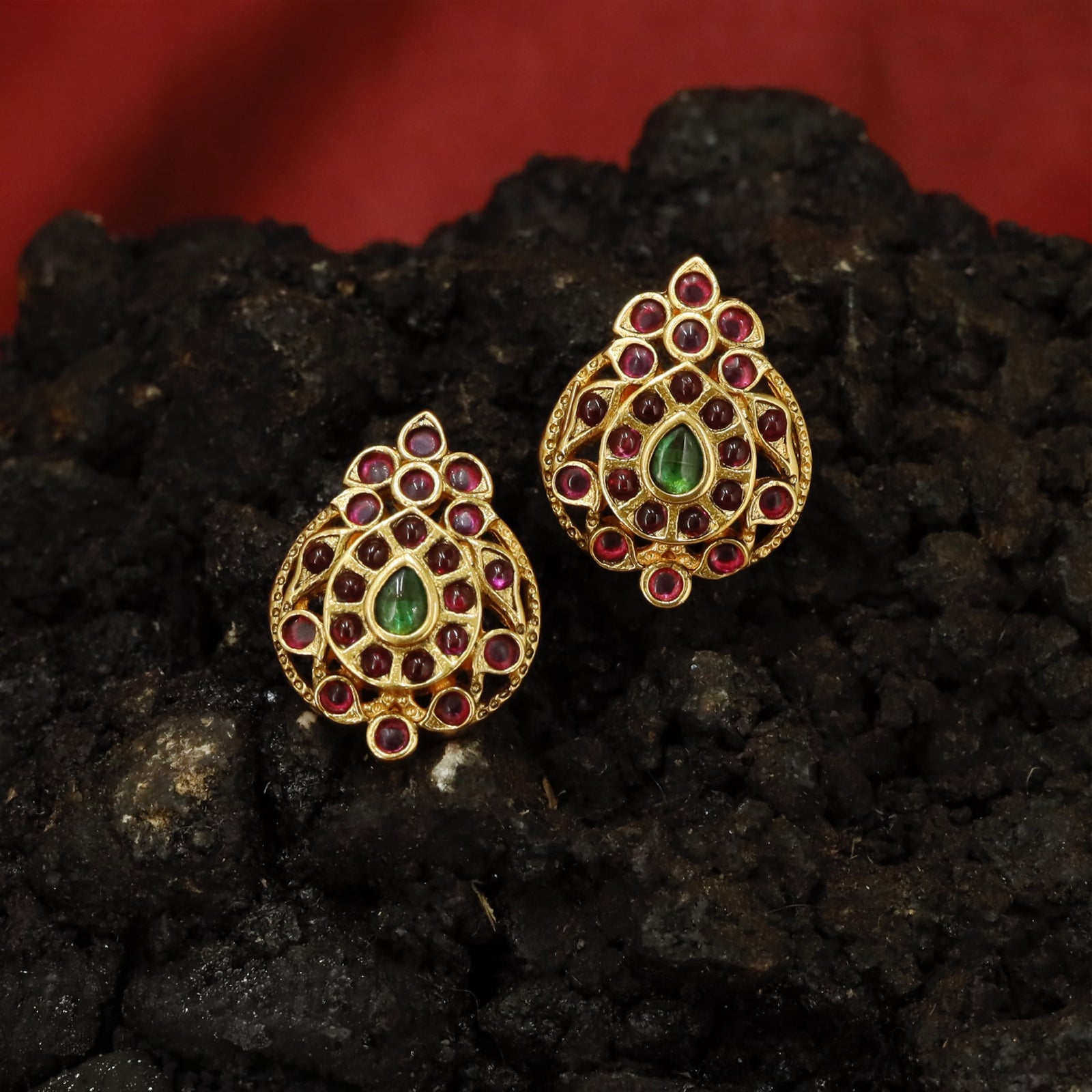 Paisley Drop Stud Earrings with Clustered Inner Pattern and Layered Frame