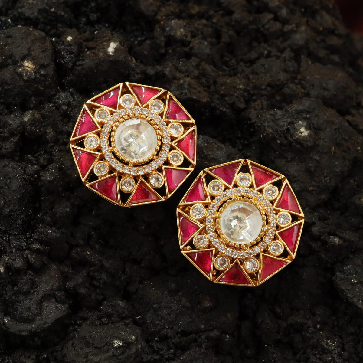Geometric Starburst Stud Earrings with Triangle Panel Surround and Circular Center