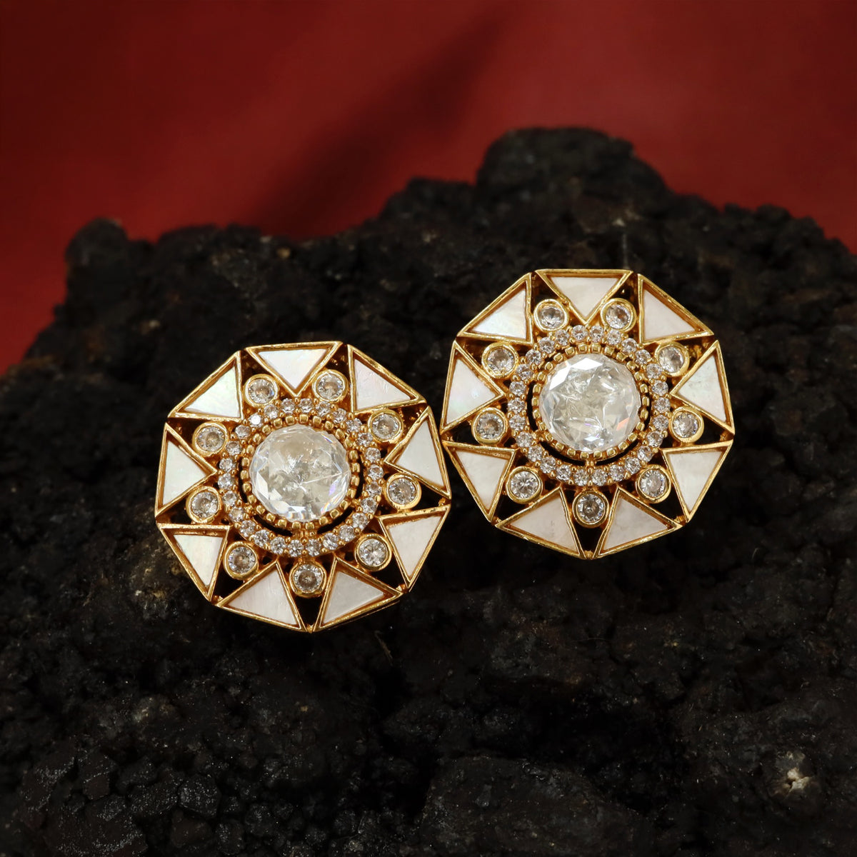 Geometric Starburst Stud Earrings with Triangle Panel Surround and Circular Center