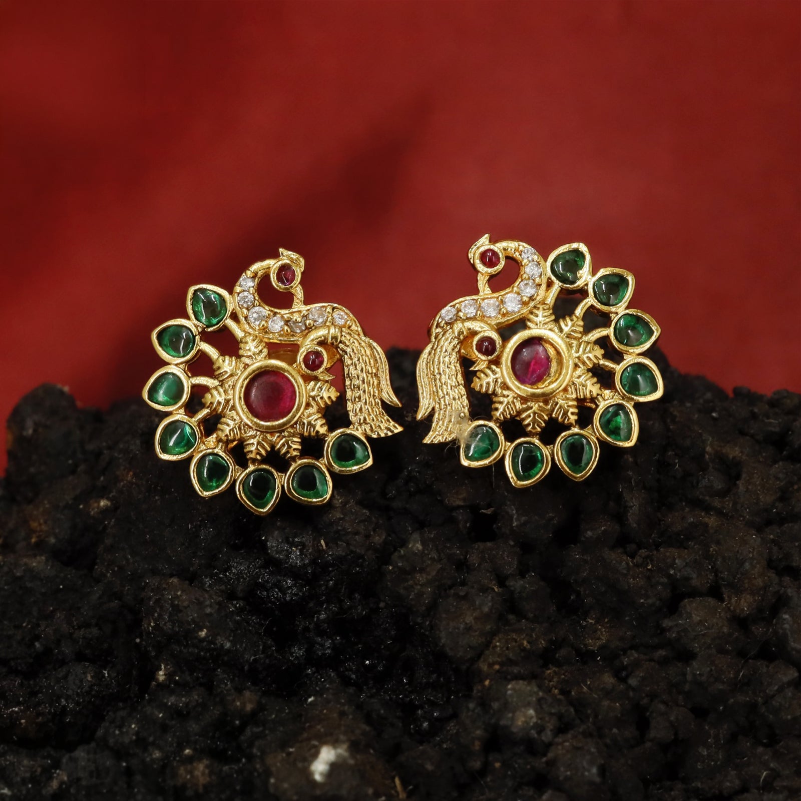 Detailed Peacock Duo Stud Earrings with Textured Body and Surround Frame