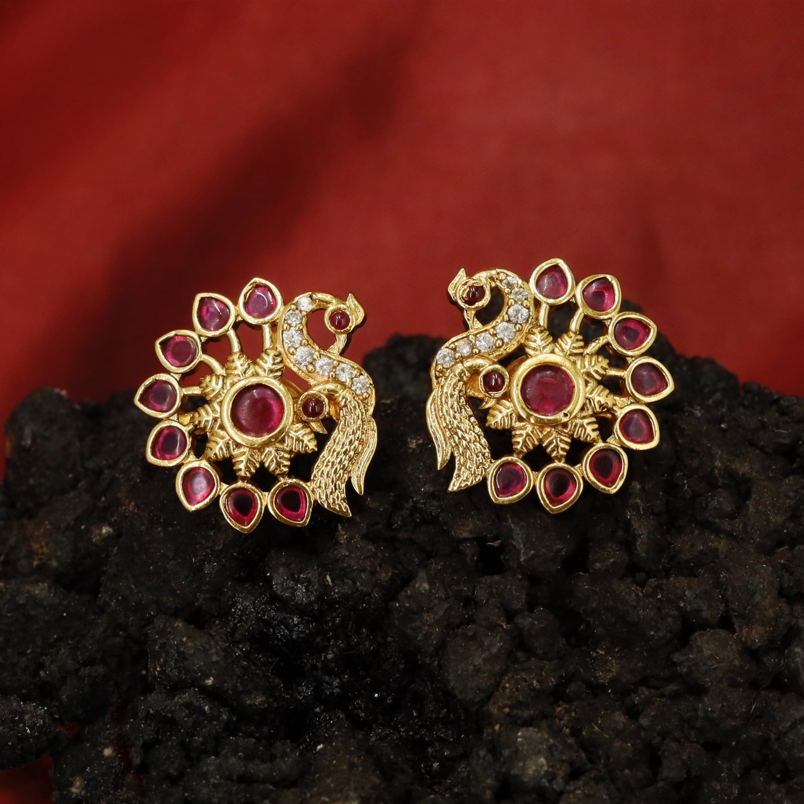 Detailed Peacock Duo Stud Earrings with Textured Body and Surround Frame