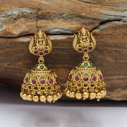 Temple Crest Top Jumka with Lakshmi Figure and Layered Dome Bead Fringe