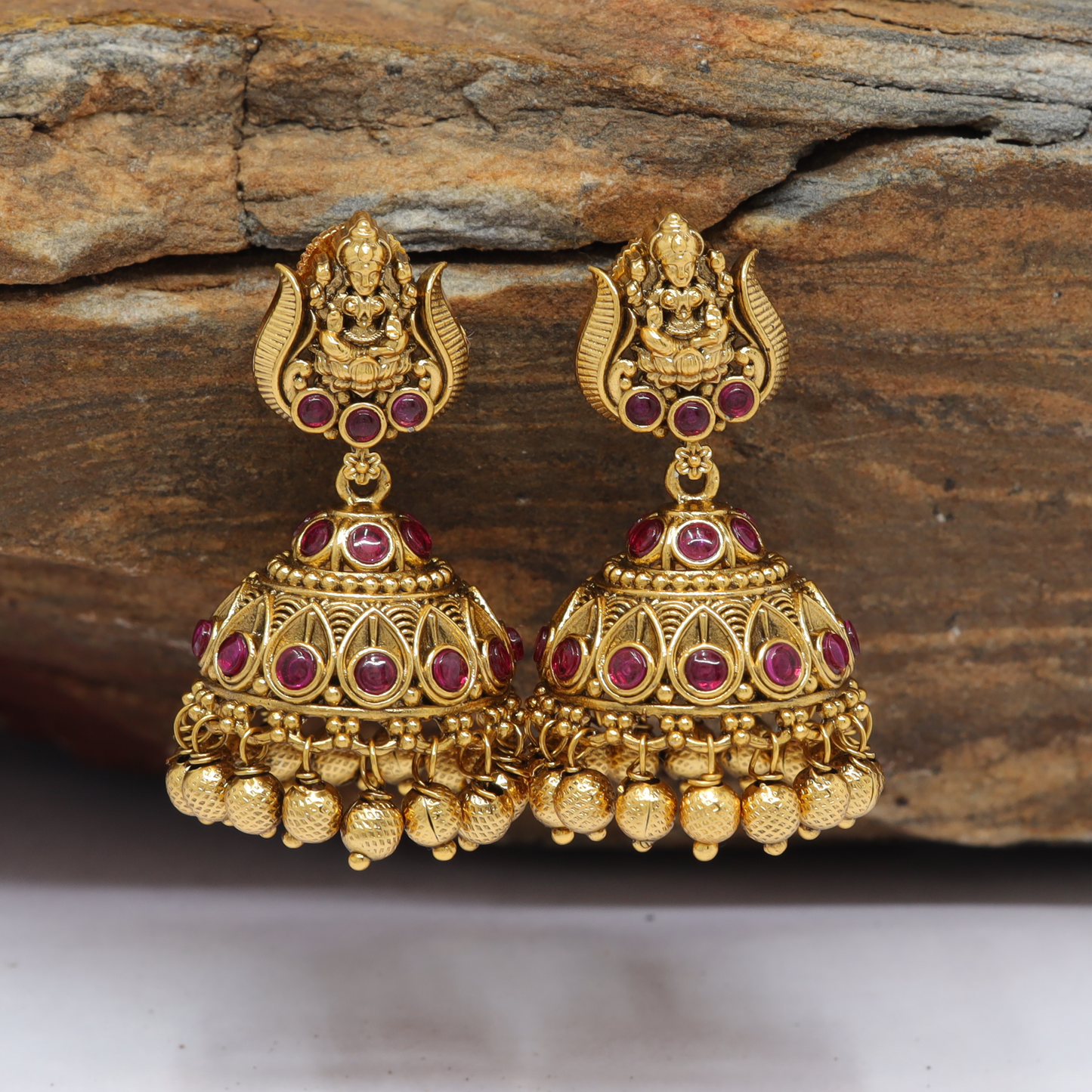 Temple Crest Top Jumka with Lakshmi Figure and Layered Dome Bead Fringe