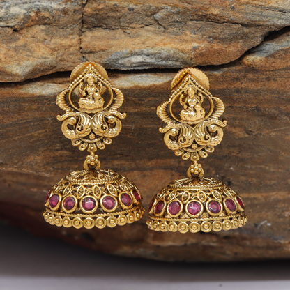 Beaded Edge Dome Jumka with Lakshmi Stud and Circular Setting Row