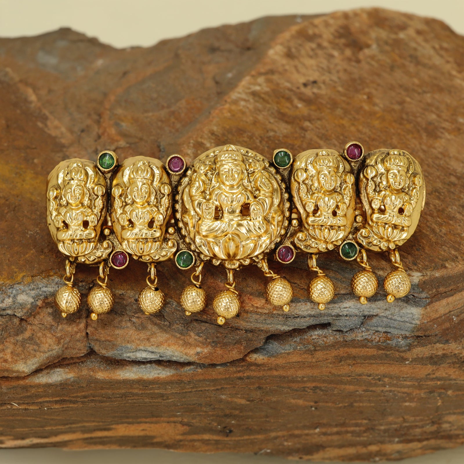 Temple Panel Hair Clip with Central Lakshmi Relief and Side Deity Segments with Hanging Drops