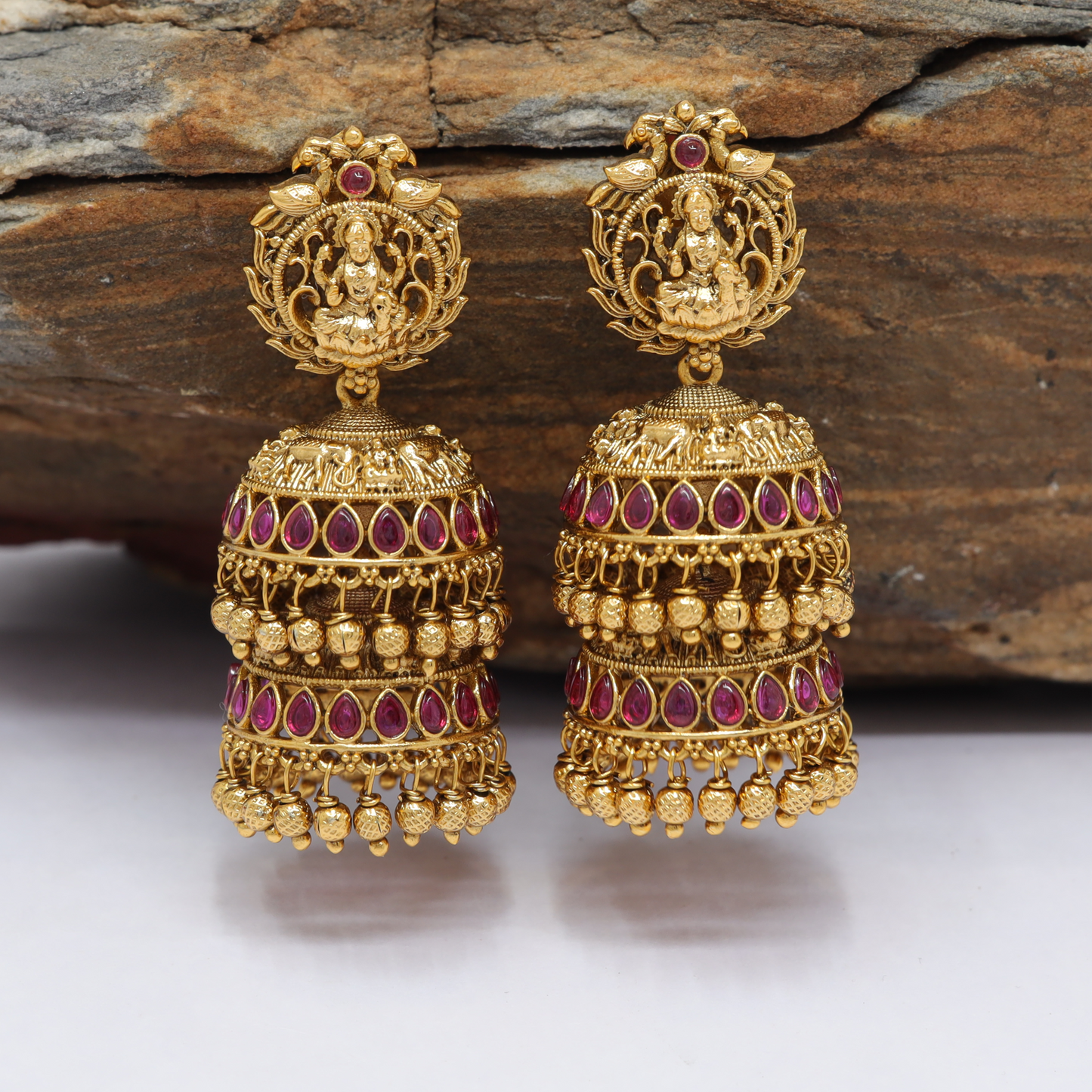 Stacked Band Jumka with Lakshmi Figure and Multi Row Hanging Drops